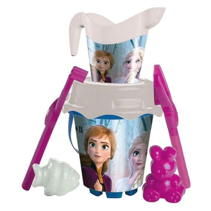 Cubo playa castillo frozen 2 con cedazo, pala,rastrillo y regadera y moldes 18 cm .