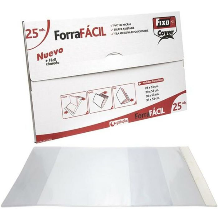 Fixo Forro Libros Sin Adhesivo Solapa Ajustable 120 Micras Pvc 0,3x0,53M Transparente Caja De 25
