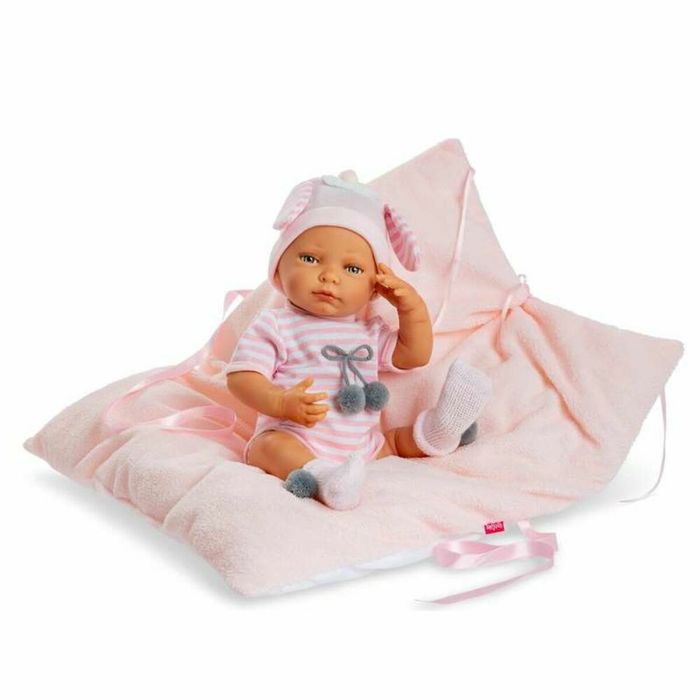 Muñeco new born niño con toquilla y body a rayas rosa 45 cm Muñeco new born niño con toquilla y body a rayas rosa 45 cm