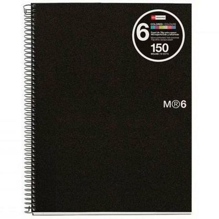 Miquelrius cuaderno espiral 150h a4 5x5mm 70 gr 4 taladros microperforado 6 bandas color tapa pp negro