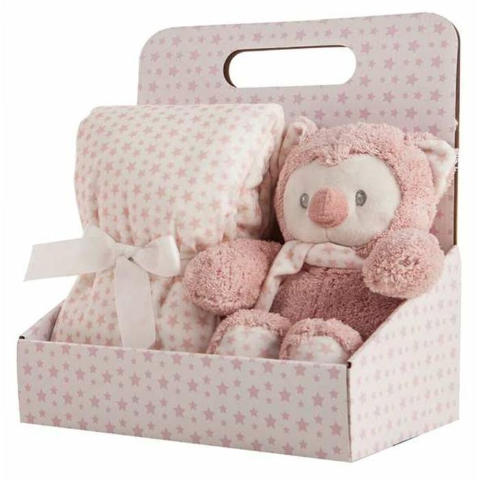 Manta doble cara 75 x75 + peluche buho 25 cm caja