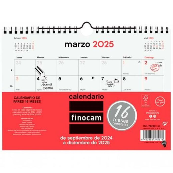 Finocam Calendario De Pared 16 Meses 210x150 mm Neutro 2024-2025