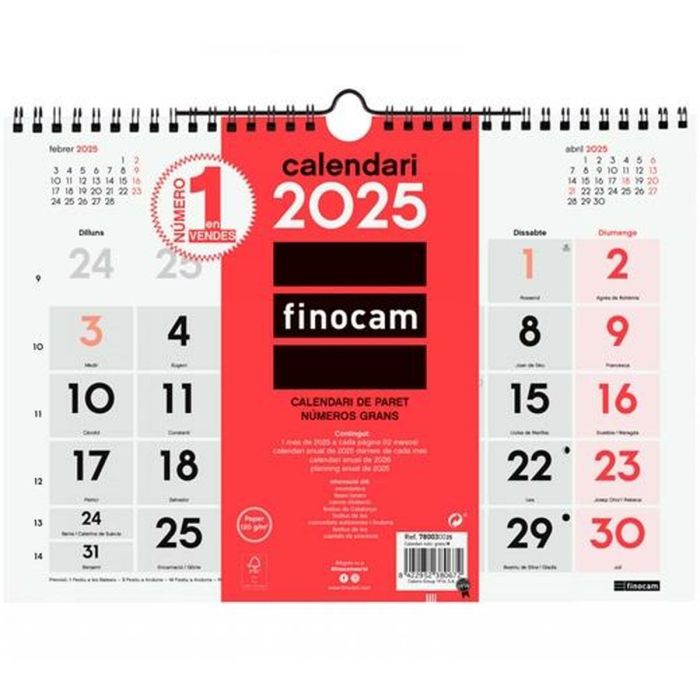 Finocam Calendario De Pared Números Grandes M-300x210 mm Neutro 2025 Catalán