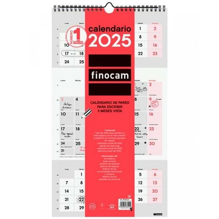 Finocam Calendario De Pared Para Escribir 3 Meses Vista M-236x430 mm Neutro 2025