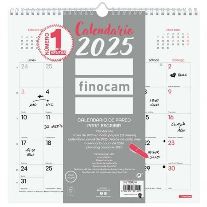 Finocam Calendario De Pared Para Escribir 300x300 mm Chic Blanco 2025