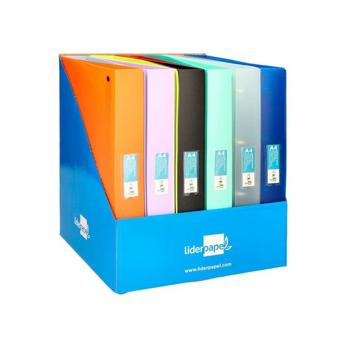 Liderpapel Carpeta 4 Anillas 25mm Polipropileno 750 micras DIN A4 Colores Surtidos con Tarjetero Expositor 12 Unidades Liderpapel Carpeta 4 Anillas 25mm Polipropileno 750 micras DIN A4 Colores Surtidos con Tarjetero Expositor 12 Unidades