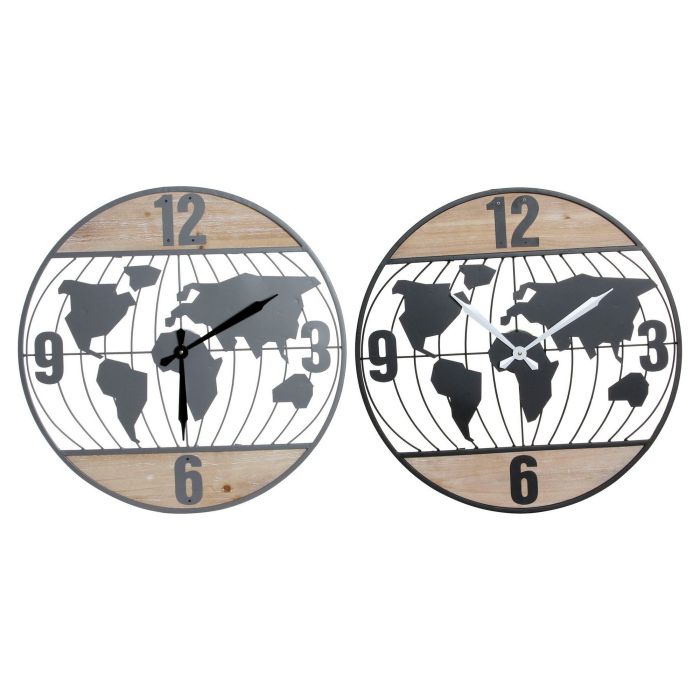 Reloj de Pared DKD Home Decor Negro Gris Hierro 60 x 4,5 x 60 cm Madera MDF Mapamundi (2 Unidades)