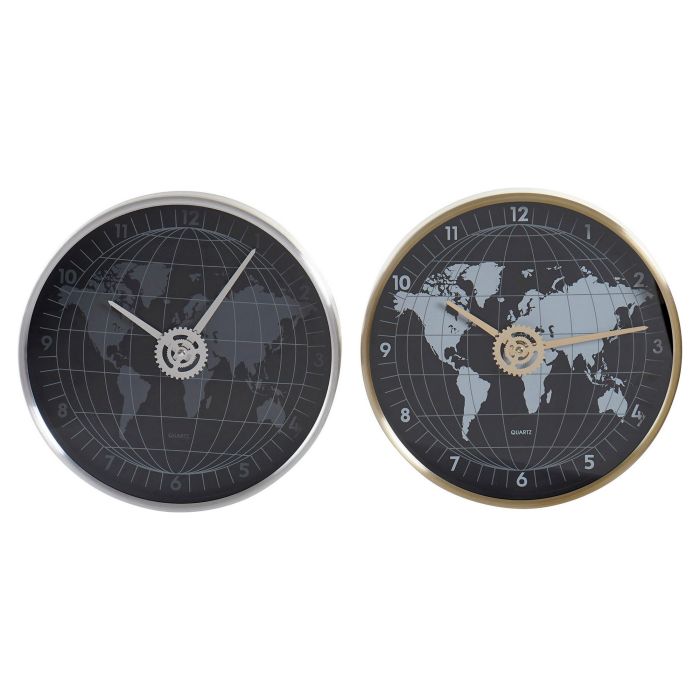 Reloj de Pared DKD Home Decor Negro Dorado Plateado Aluminio Cristal Mapamundi 30 x 4,3 x 30 cm (2 Unidades)