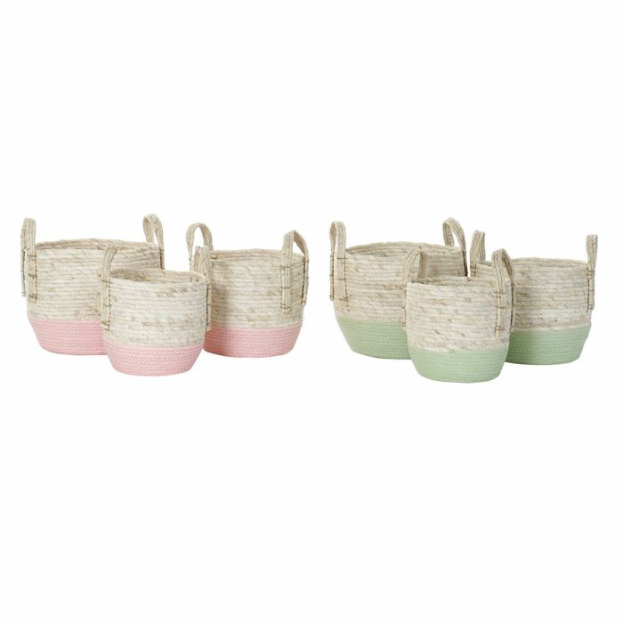 Juego de Cestas DKD Home Decor Natural Rosa Verde Fibra natural 30 x 30 x 32 cm Boho (2 Unidades) 1