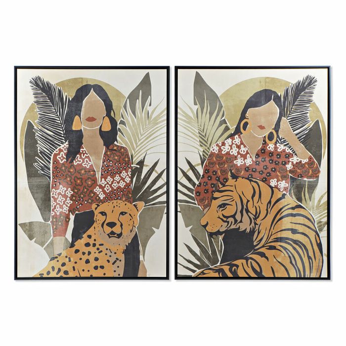 Cuadro DKD Home Decor Mujer Tigre 104 x 4,5 x 144 cm Animal Tropical (2 Unidades)