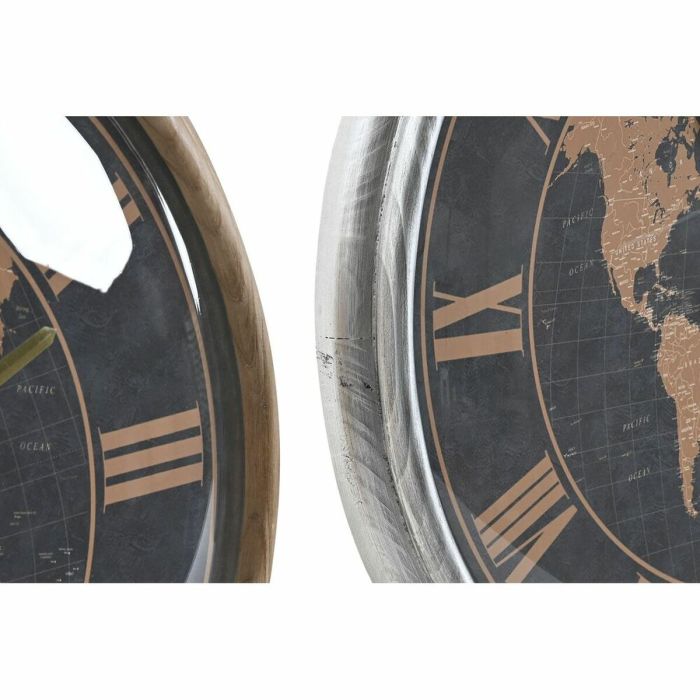Reloj de Pared DKD Home Decor 46 x 6,5 x 46 cm Cristal Plateado Negro Dorado Marrón Hierro Mapamundi (2 Unidades) 1