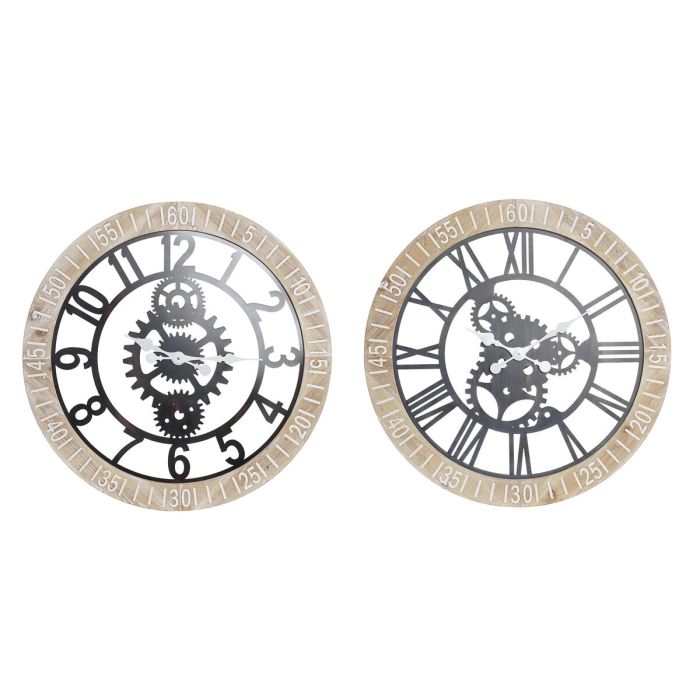 Reloj de Pared DKD Home Decor Negro Natural Hierro Plástico Madera MDF Engranajes 76 x 4,5 x 76 cm (2 Unidades)