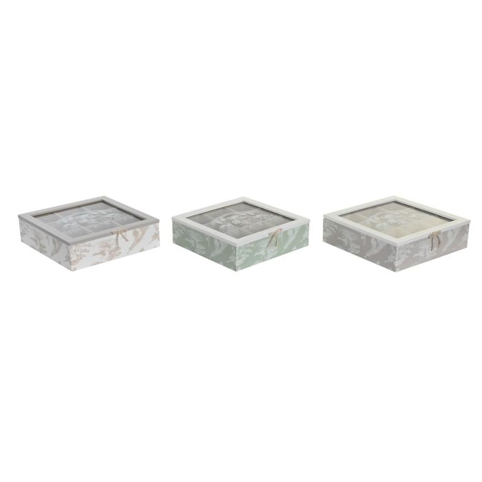 Caja para Infusiones DKD Home Decor 24,5 x 24,5 x 6 cm Cristal Beige Metal Terracota Blanco Verde Marrón claro 3 Piezas Madera M