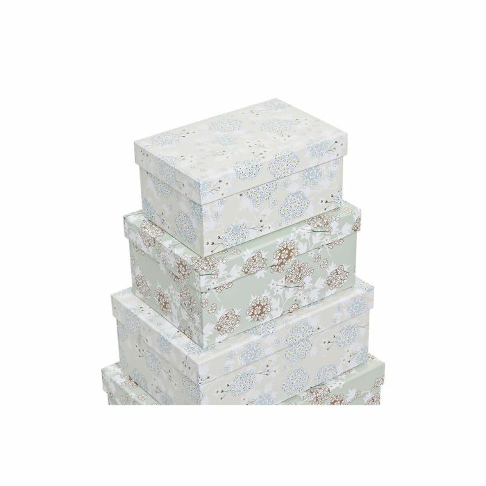 Set de Cajas Organizadoras Apilables DKD Home Decor Beige Verde Flores Cartón (43,5 x 33,5 x 15,5 cm) 1