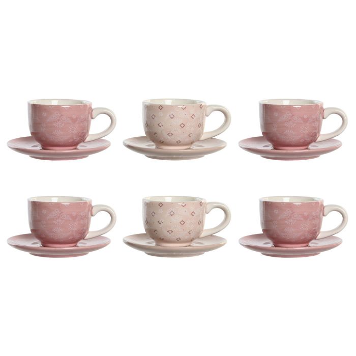 Juego de Tazas con Platos DKD Home Decor Rosa Metal Blanco Marrón claro 180 ml Dolomita 1