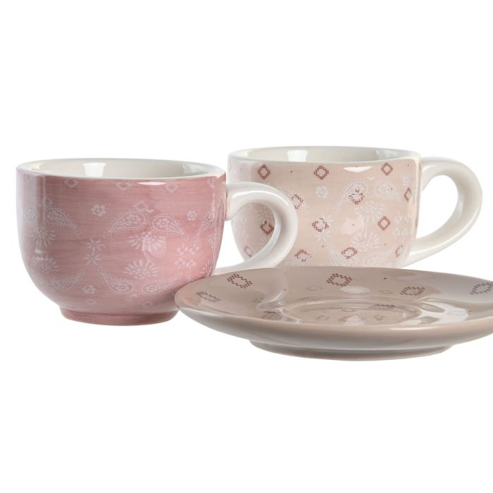 Juego de Tazas con Platos DKD Home Decor Rosa Metal Blanco Marrón claro 180 ml Dolomita 3