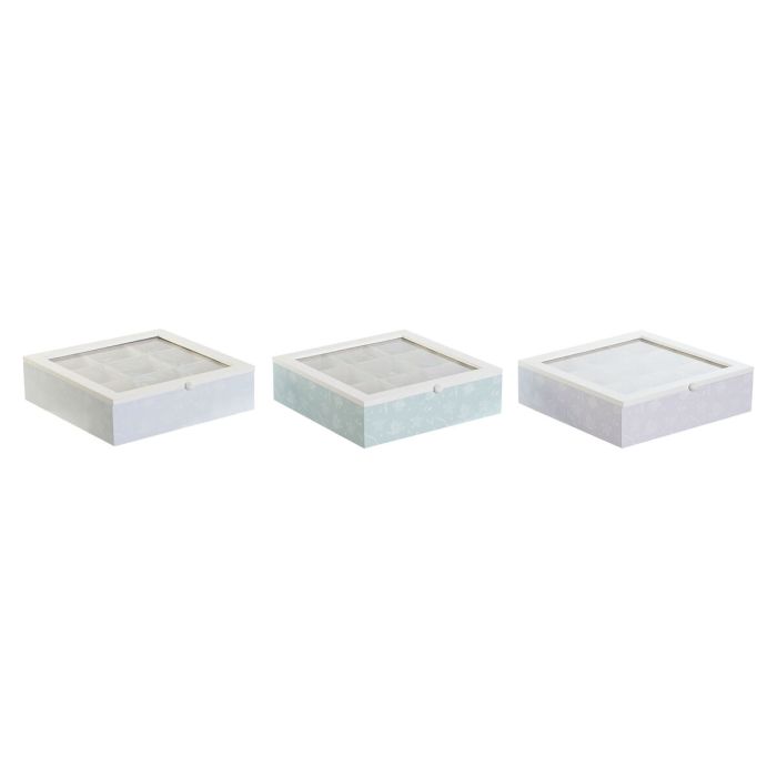 Caja para Infusiones DKD Home Decor Azul Blanco Verde Lila Metal Cristal Madera MDF (3 Unidades)