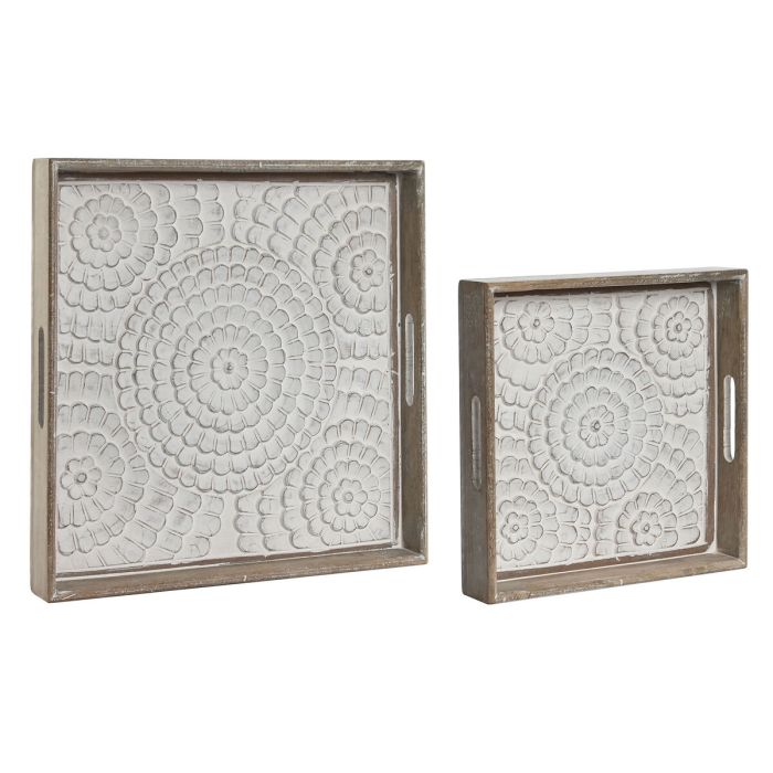 Bandeja Romantico DKD Home Decor Blanco Natural 40 x 5 x 40 cm Set de 2