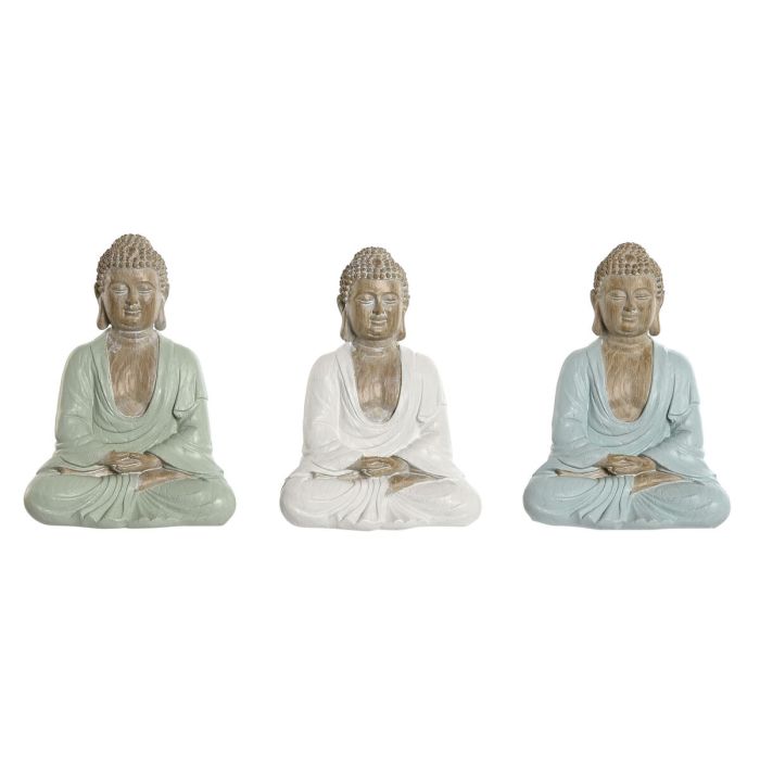 Figura Decorativa Home ESPRIT Blanco Verde Turquesa Buda Oriental 14 x 10,5 x 18,5 cm (3 Unidades)