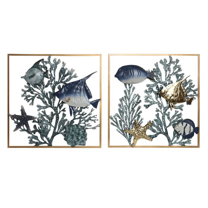 Decoración de Pared Home ESPRIT Azul Dorado Mediterráneo Peces 50 x 4 x 50 cm (2 Unidades)