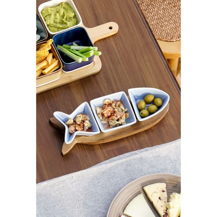 Set de Aperitivo Home ESPRIT Azul Azul marino Porcelana Acacia Pez Mediterráneo 28 x 9,7 x 1,3 cm 4 Piezas 4