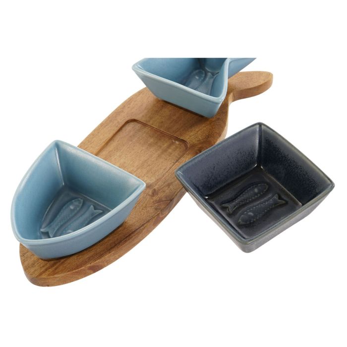 Set de Aperitivo Home ESPRIT Azul Azul marino Porcelana Acacia Pez Mediterráneo 28 x 9,7 x 1,3 cm 4 Piezas 3