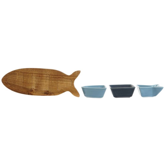 Set de Aperitivo Home ESPRIT Azul Azul marino Porcelana Acacia Pez Mediterráneo 28 x 9,7 x 1,3 cm 4 Piezas 1