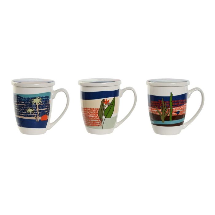 Taza con Filtro para Infusiones Home ESPRIT Azul Verde Acero Inoxidable Porcelana Tropical 380 ml (3 Unidades)