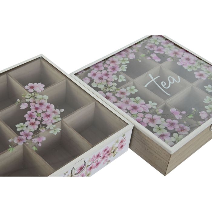 Caja para Infusiones Home ESPRIT Blanco Rosa Metal Cristal Madera MDF 24 x 24 x 6,5 cm (2 Unidades) 3
