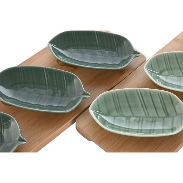 Set de Aperitivo Home ESPRIT Verde Verde oscuro Bambú Porcelana Tropical 4 Piezas 28,4 x 10,5 x 3 cm (2 Unidades) 2