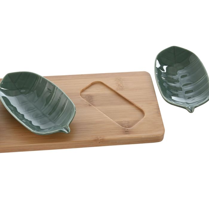 Set de Aperitivo Home ESPRIT Verde Verde oscuro Bambú Porcelana Tropical 4 Piezas 28,4 x 10,5 x 3 cm (2 Unidades) 1