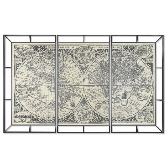 Juego de 3 cuadros Home ESPRIT Blanco Negro Mapamundi 222 x 8 x 140 cm (3 Piezas)