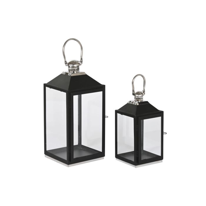 Farol Home ESPRIT Negro Plateado Cristal Acero 18 x 18 x 41 cm (2 Piezas)