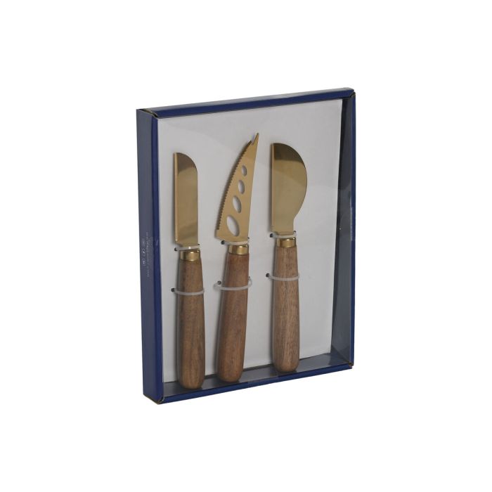 Cuchillos para Queso Home ESPRIT Dorado Natural Acero Inoxidable Acacia 2 Unidades (3 Piezas) 1