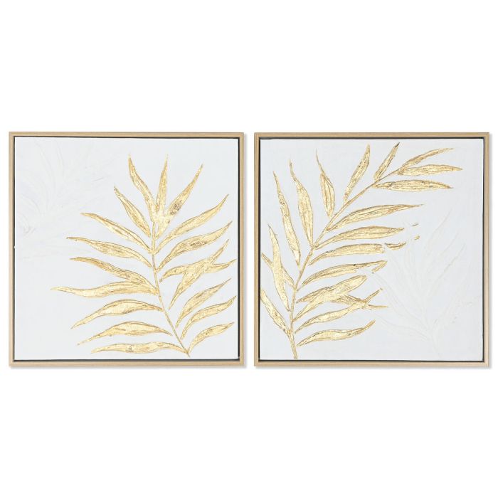 Cuadro Home ESPRIT Blanco Dorado Lienzo Madera MDF Moderno Hoja de planta 42 x 4 x 42 cm (2 Unidades)