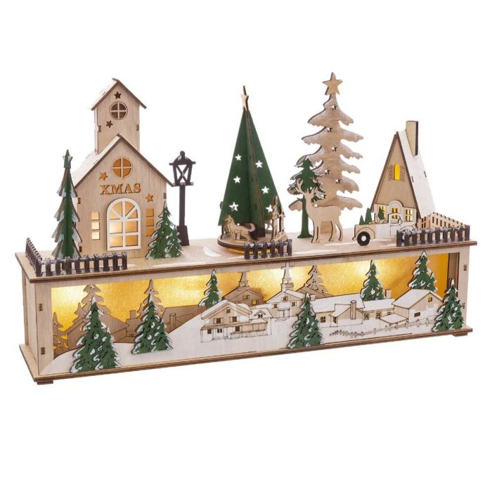 Adorno Navideño Verde Natural Madera Casas 45 x 10 x 27 cm 1