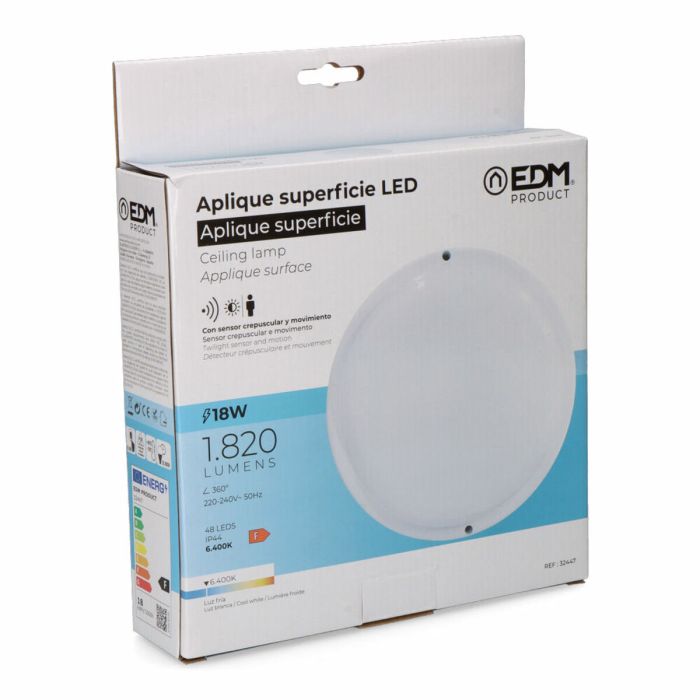 Aplique de Pared EDM 32447 Blanco Plástico F 18 W 120 W 1820 Lm Sensor de Movimiento Sensor de luz Redondo (6400 K) 2