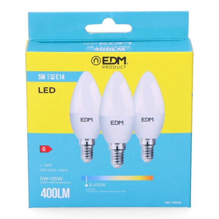 Pack de 3 bombillas LED EDM G 5 W E14 400 lm Ø 3,6 x 10 cm (6400 K) 3