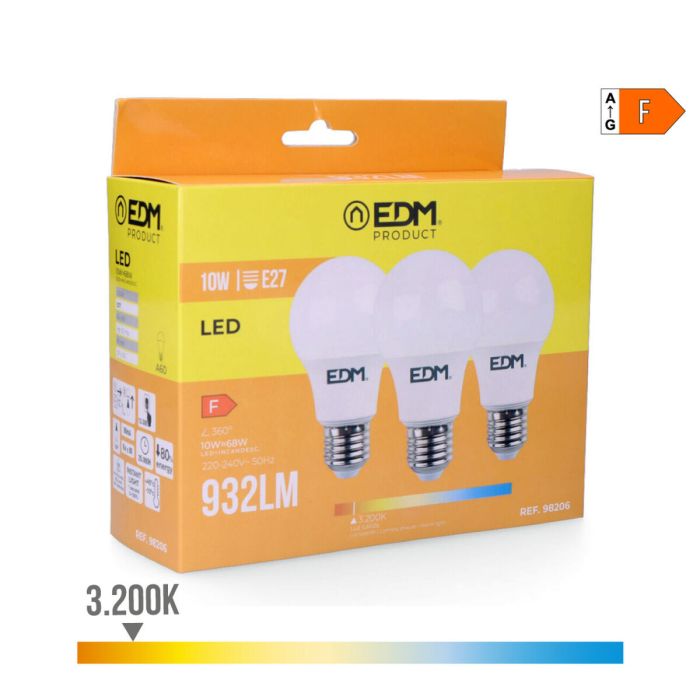Pack de 3 bombillas LED EDM F 10 W E27 810 Lm Ø 6 x 10,8 cm (3200 K) 2