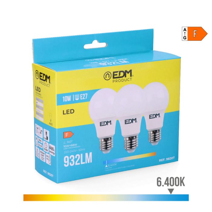 Pack de 3 bombillas LED EDM F 10 W E27 810 Lm Ø 6 x 10,8 cm (6400 K) 2