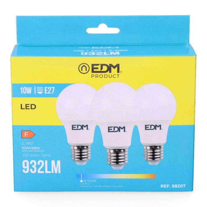 Pack de 3 bombillas LED EDM F 10 W E27 810 Lm Ø 6 x 10,8 cm (6400 K) 3