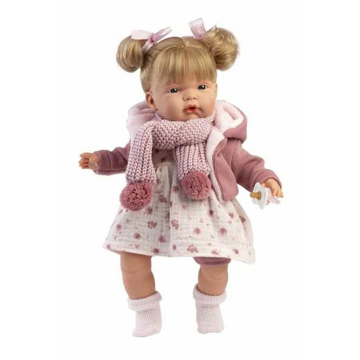 Muñeca llorona joelle chaqueta fuxia 38cm incluye chupete.cuerpo tela