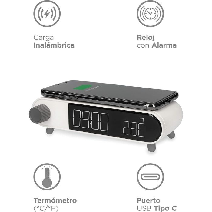 Reloj Despertador con Cargador Inalámbrico KSIX Retro Blanco 10 W 8