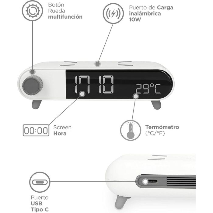 Reloj Despertador con Cargador Inalámbrico KSIX Retro Blanco 10 W 5