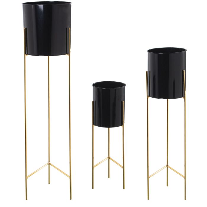 Set de Maceteros Alexandra House Living Negro Dorado Metal Con soporte (3 Piezas)