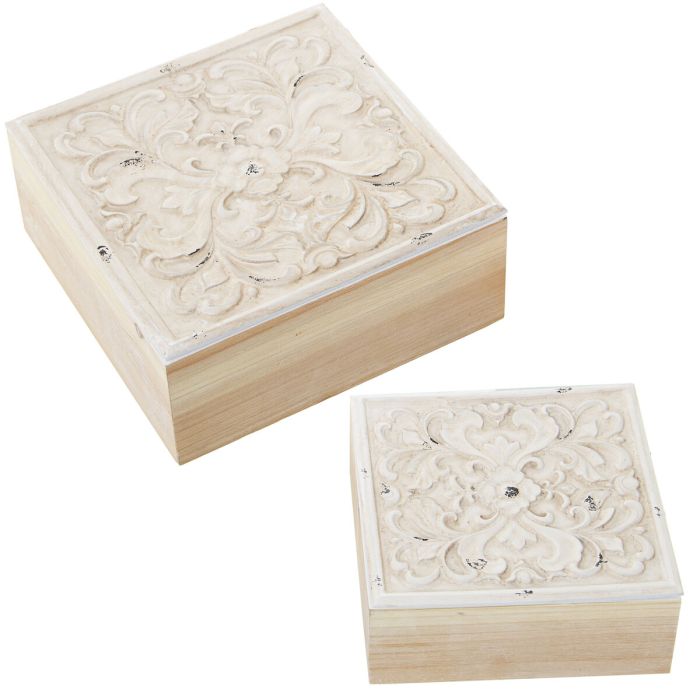 Juego de Cajas Decorativas Alexandra House Living Blanco Marrón Madera 2 Piezas