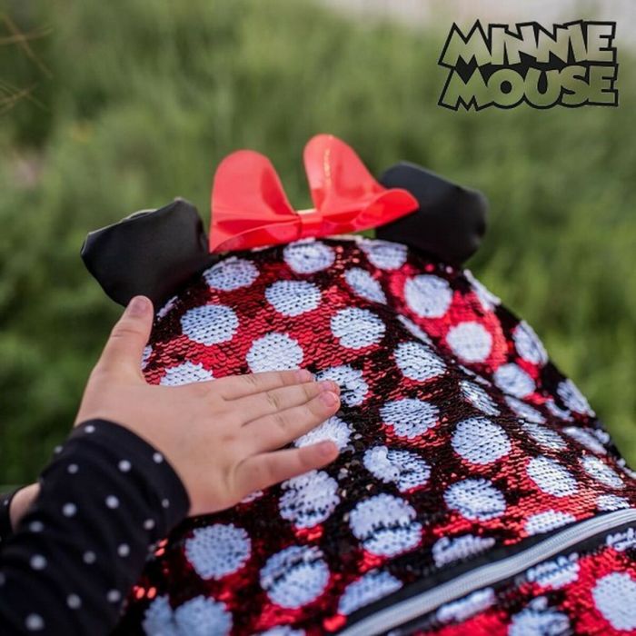 Mochila Escolar Minnie Mouse Lentejuelas Rojo Negro 5