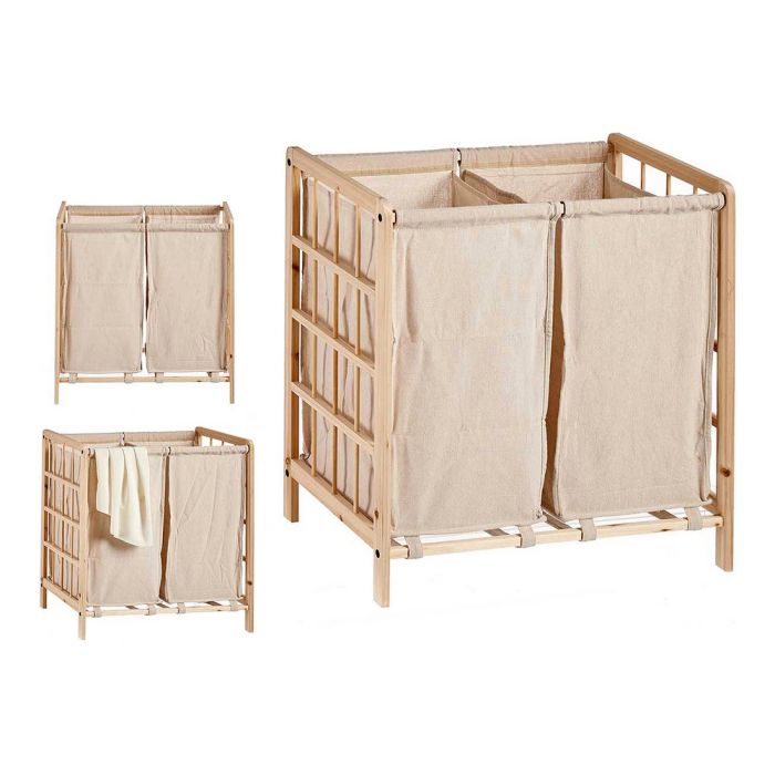 Cesto para la Ropa Beige Doble Madera Tela (33 x 60 x 59,5 cm) 1