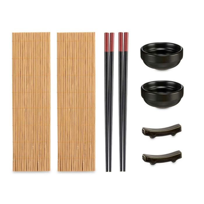 Set de Sushi Marrón Negro Cerámica Bambú (8 Piezas) 2