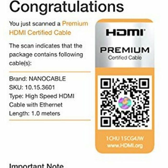 Cable HDMI NANOCABLE HDMI V2.0, 1m 10.15.3601 V2.0 4K 1 m Negro 4